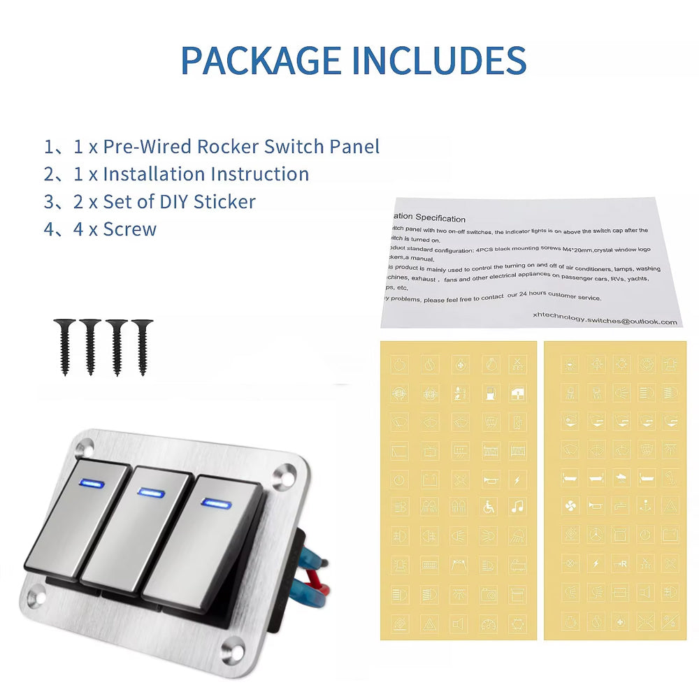 Metal 3 Gang Switch Panel 12V-24V LED Rocker Switch Panel for Car Truck Marine