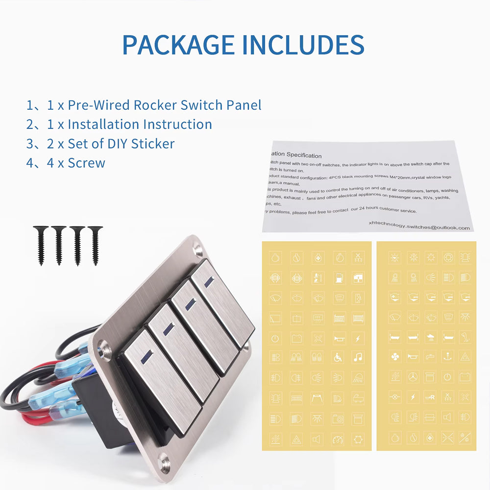 Metal 4 Gang Switch Panel 12V-24V LED Rocker Switch Panel for Car Truck Marine