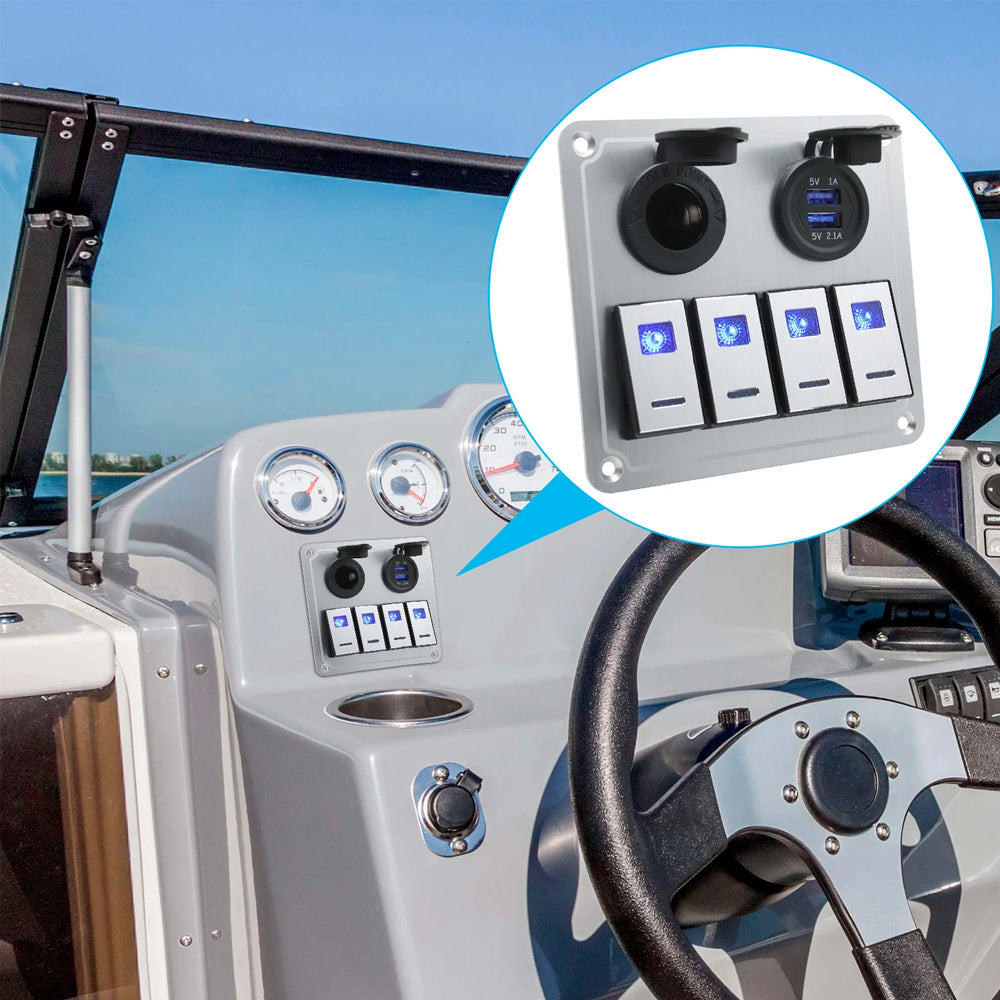 Metal 12V-24V 4 Gang LED Rocker Switch Panel with USB Port 12V Outlet Marine Car