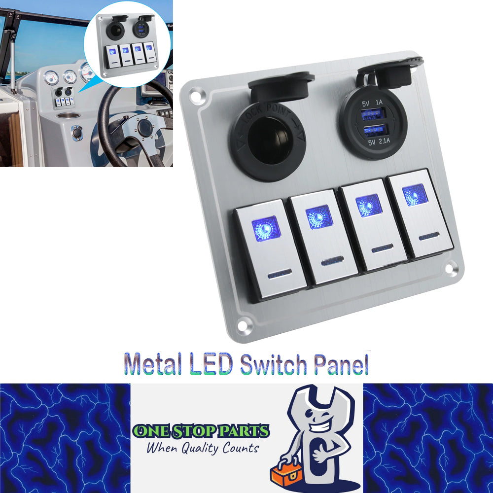 Metal 12V-24V 4 Gang LED Rocker Switch Panel with USB Port 12V Outlet Marine Car