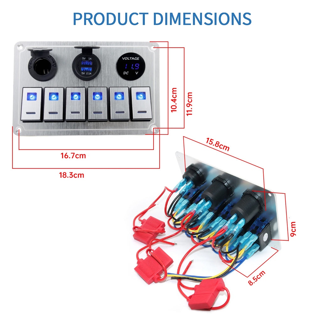 Metal 12V-24V 6 Gang LED Rocker Switch Panel with Voltmeter USB Port 12V Outlet