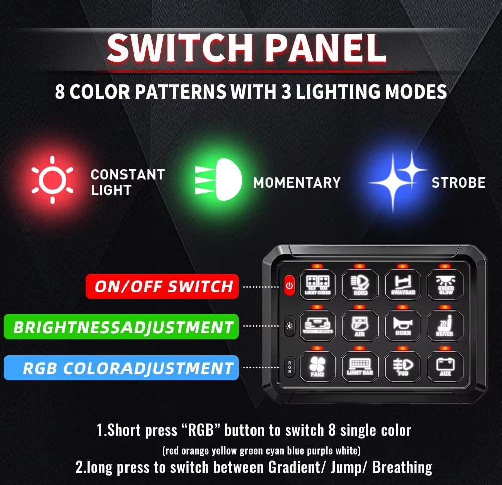 12v - 24v 12 Gang LED Touch Switch Panel Blue Car/Boat + App Control +Fuse Box