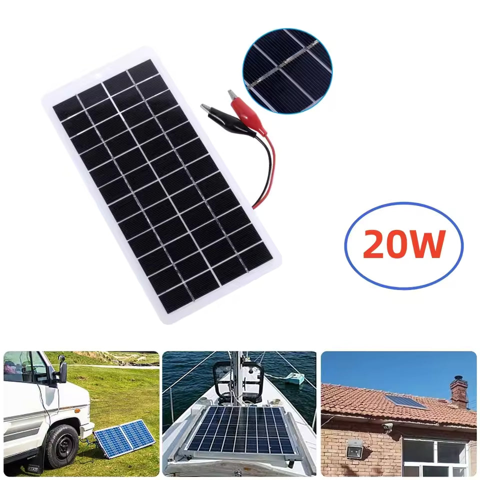 12v 20w Solar Panel with Battery Clips for Car Boat Bike Leave on Keep Charged