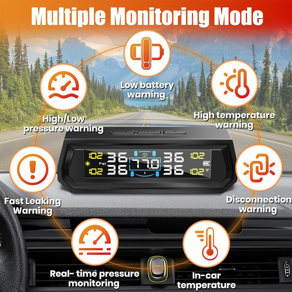 Tyre Pressure Monitor System TPMS Solar USB LCD Tire Alarm 4 Internal Sensors