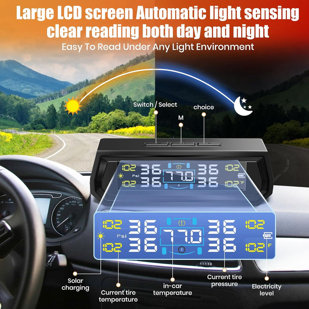 Tyre Pressure Monitor System TPMS Solar USB LCD Tire Alarm 4 Internal Sensors
