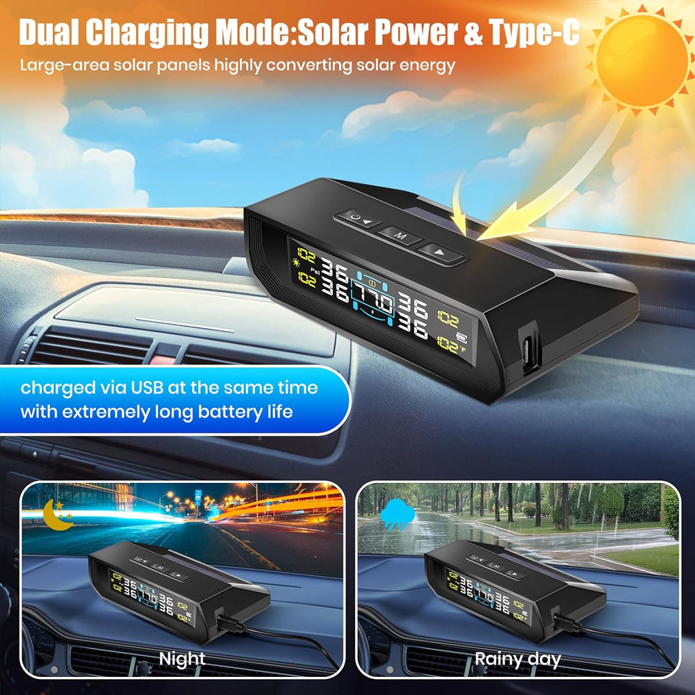 Tyre Pressure Monitor System TPMS Solar USB LCD Tire Alarm 4 Internal Sensors