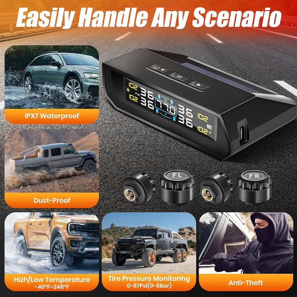 Tyre Pressure Monitor System TPMS Solar USB LCD Tire Alarm 4 External Sensors