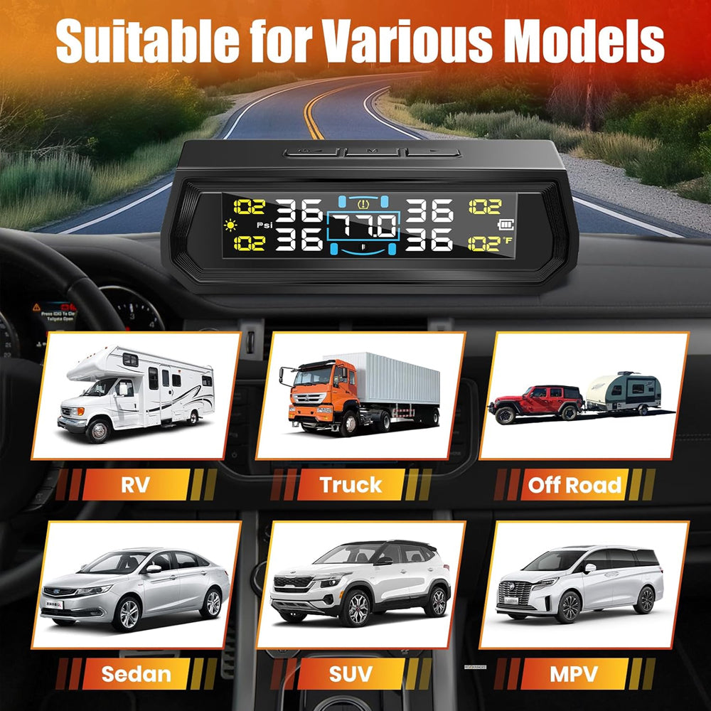 Tyre Pressure Monitor System TPMS Solar USB LCD Tire Alarm 4 External Sensors