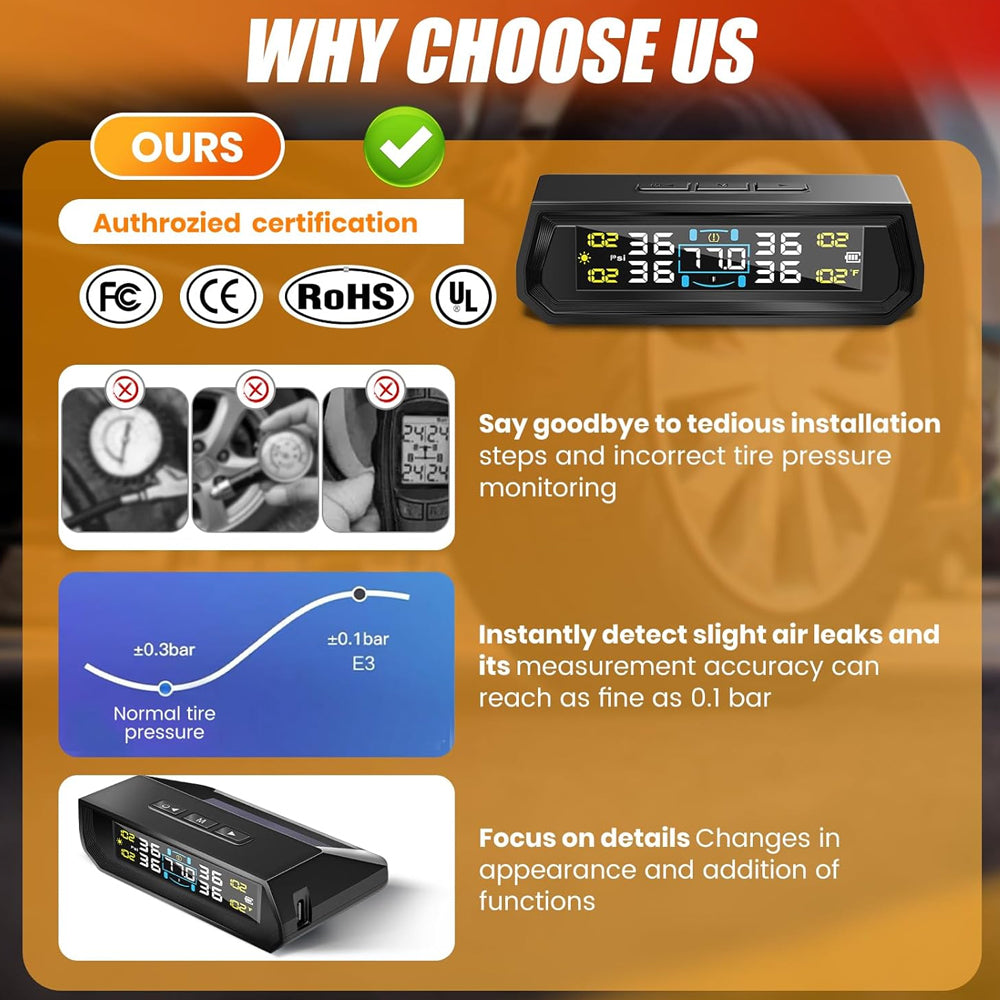 Tyre Pressure Monitor System TPMS Solar USB LCD Tire Alarm 4 External Sensors