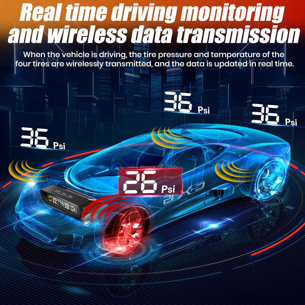 Tyre Pressure Monitor System TPMS Solar USB LCD Tire Alarm 4 External Sensors