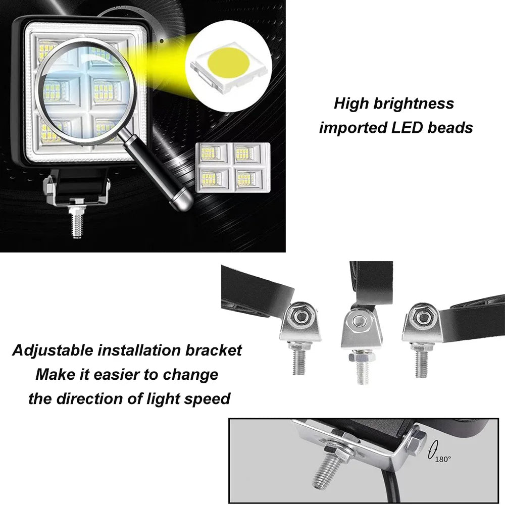 4 x LED Work Lights 144W Square 105mm 12V-24V 6500K Spot Beam LED Spotlights