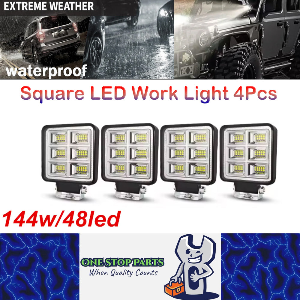 4 x LED Work Lights 144W Square 105mm 12V-24V 6500K Spot Beam LED Spotlights