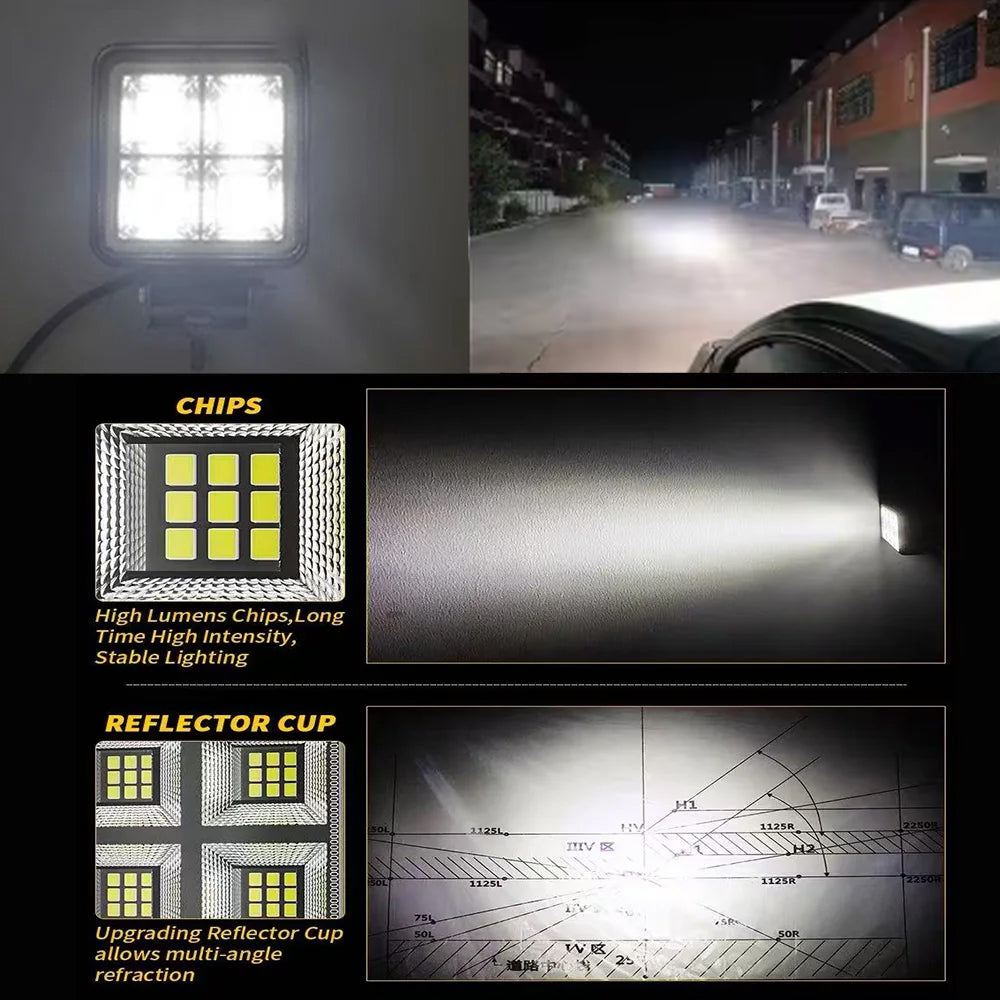 4 x LED Work Lights 192W Square 105mm 12V-24V 6500K Spot Beam LED Spotlights