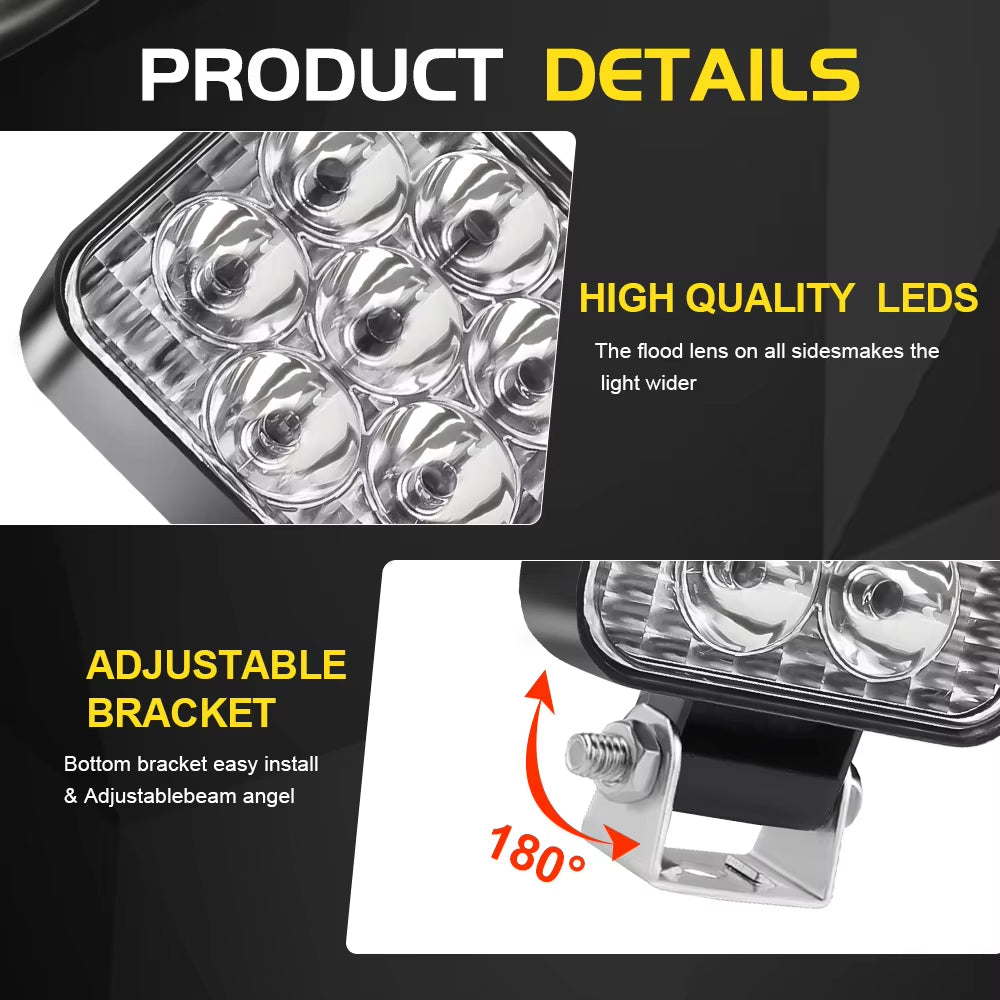 10 x Mini LED Work Lights Square 6.3CM 12V-24V 21W 6000K Spot Beam LED