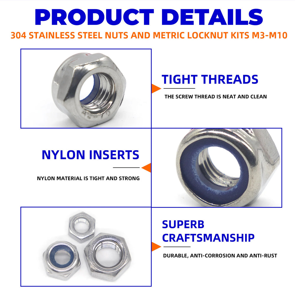 175pcs Stainless Steel Self Lock Hex Nut Nylock Locknut Kit M3-M10 Nylon Insert
