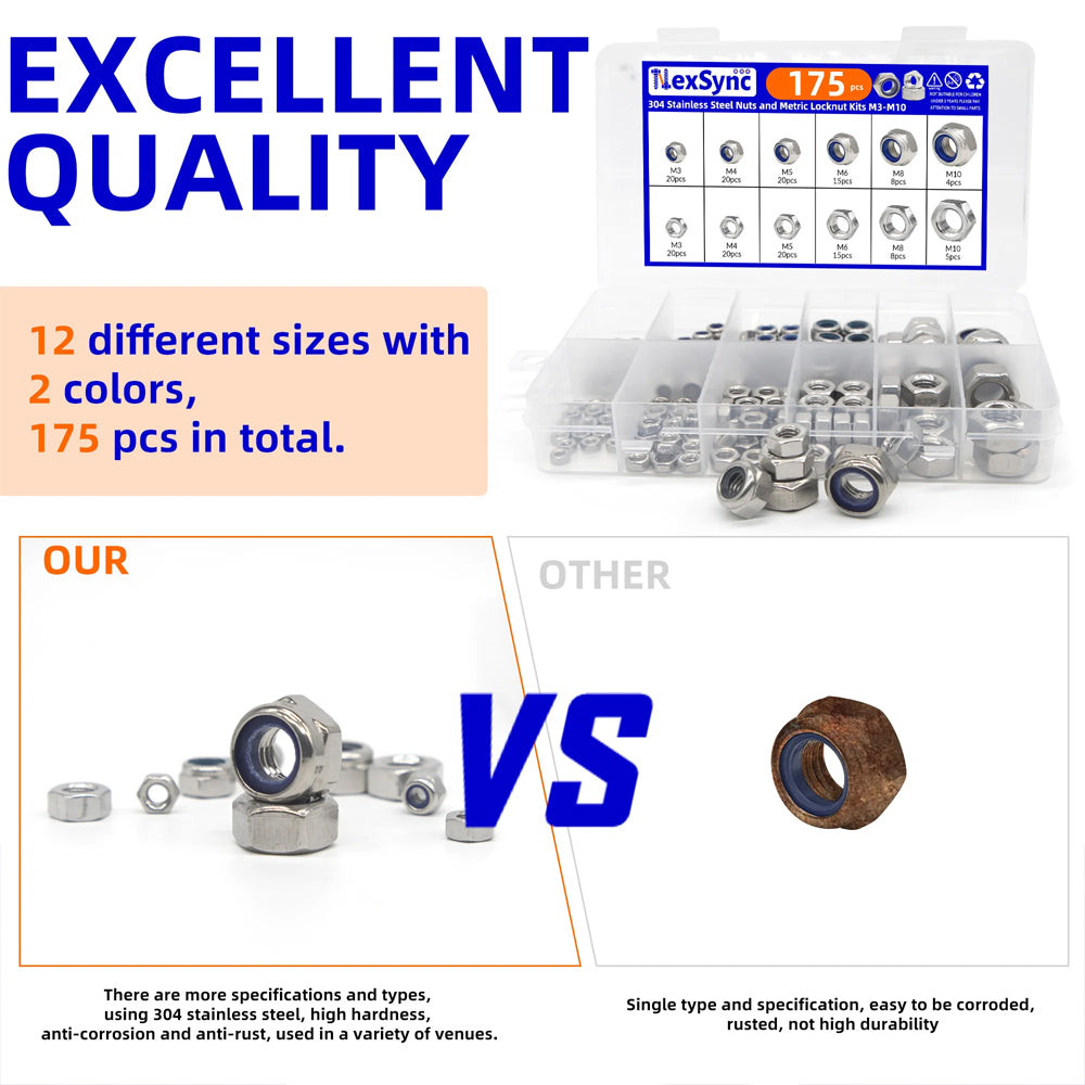 175pcs Stainless Steel Self Lock Hex Nut Nylock Locknut Kit M3-M10 Nylon Insert