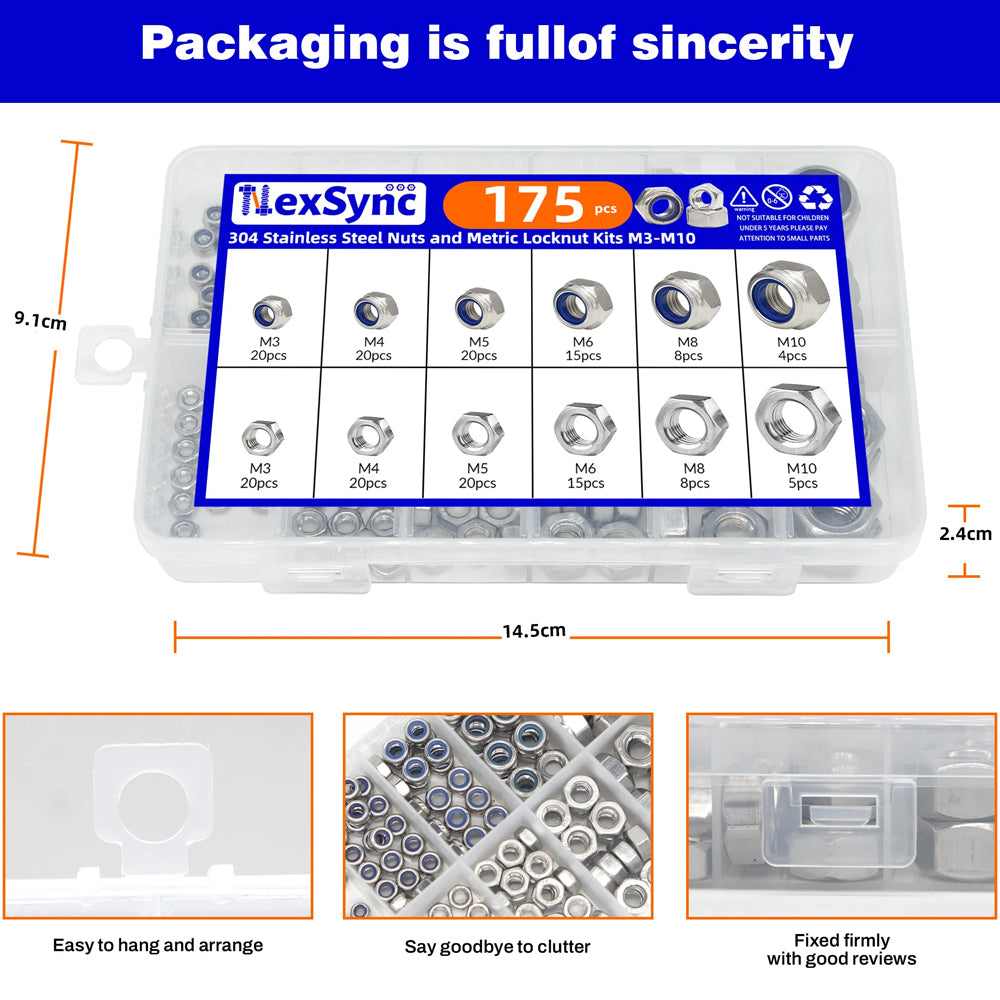 175pcs Stainless Steel Self Lock Hex Nut Nylock Locknut Kit M3-M10 Nylon Insert