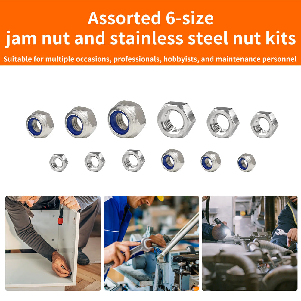 175pcs Stainless Steel Self Lock Hex Nut Nylock Locknut Kit M3-M10 Nylon Insert