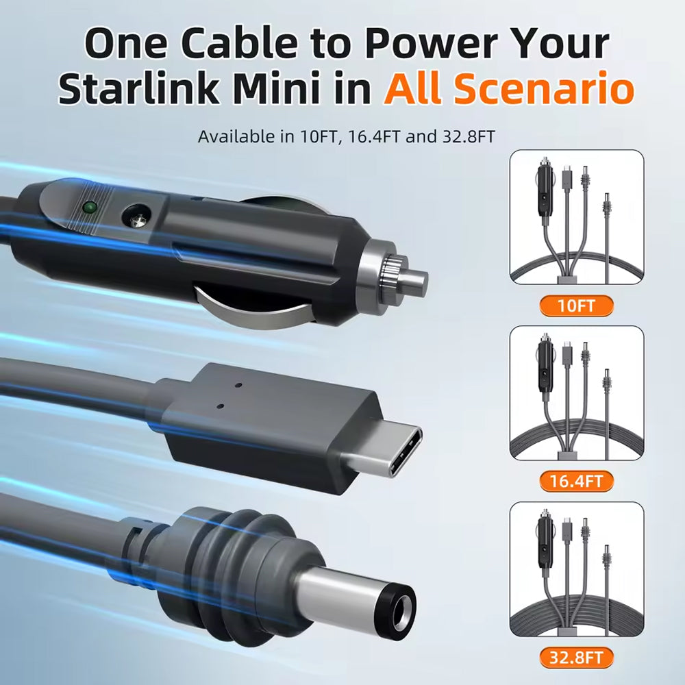 5M Starlink Mini 3-in-1 DC Power Cable to USB C Cigarette Lighter Plug & DC Male