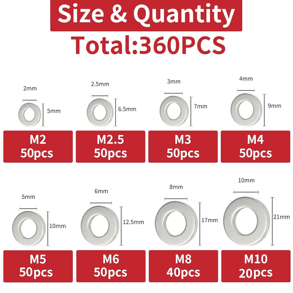 360pcs 304 Stainless Steel Flat Washer Kit M2–M10 8 Size for Home Car Repair DIY