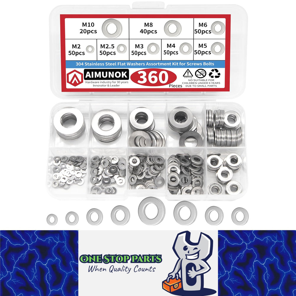360pcs 304 Stainless Steel Flat Washer Kit M2–M10 8 Size for Home Car Repair DIY