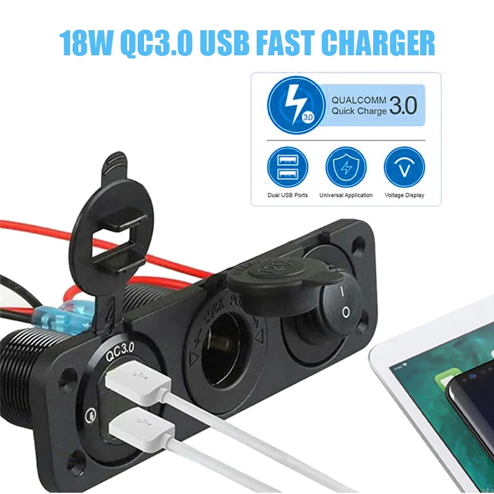 4 in1 Blue Switch Panel 12-24V Dual QC3.0 USB Charger + Voltmeter + Power Socket
