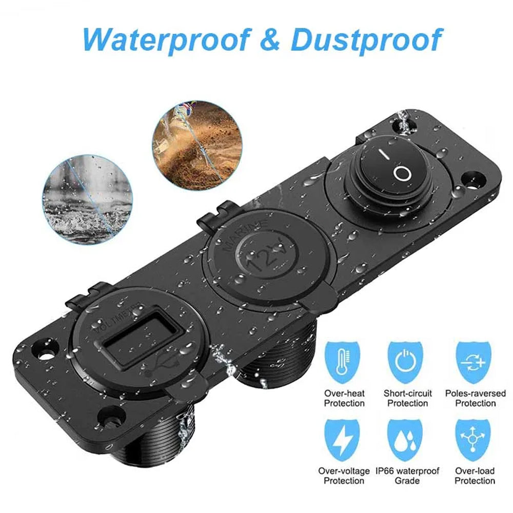 4 in1 Blue Switch Panel 12-24V Dual QC3.0 USB Charger + Voltmeter + Power Socket