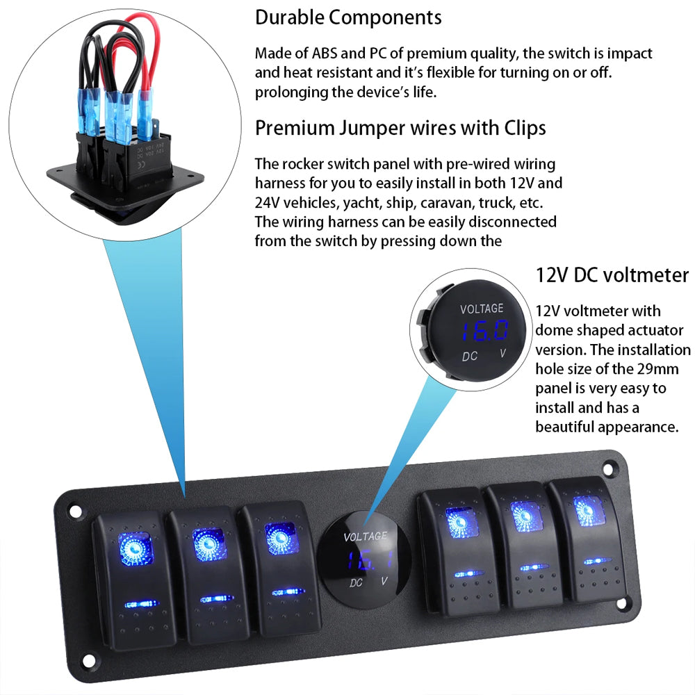 PreWired 6 Gang Switch Panel Blue LED Rocker Switch Panel 12-24V with Voltmeter