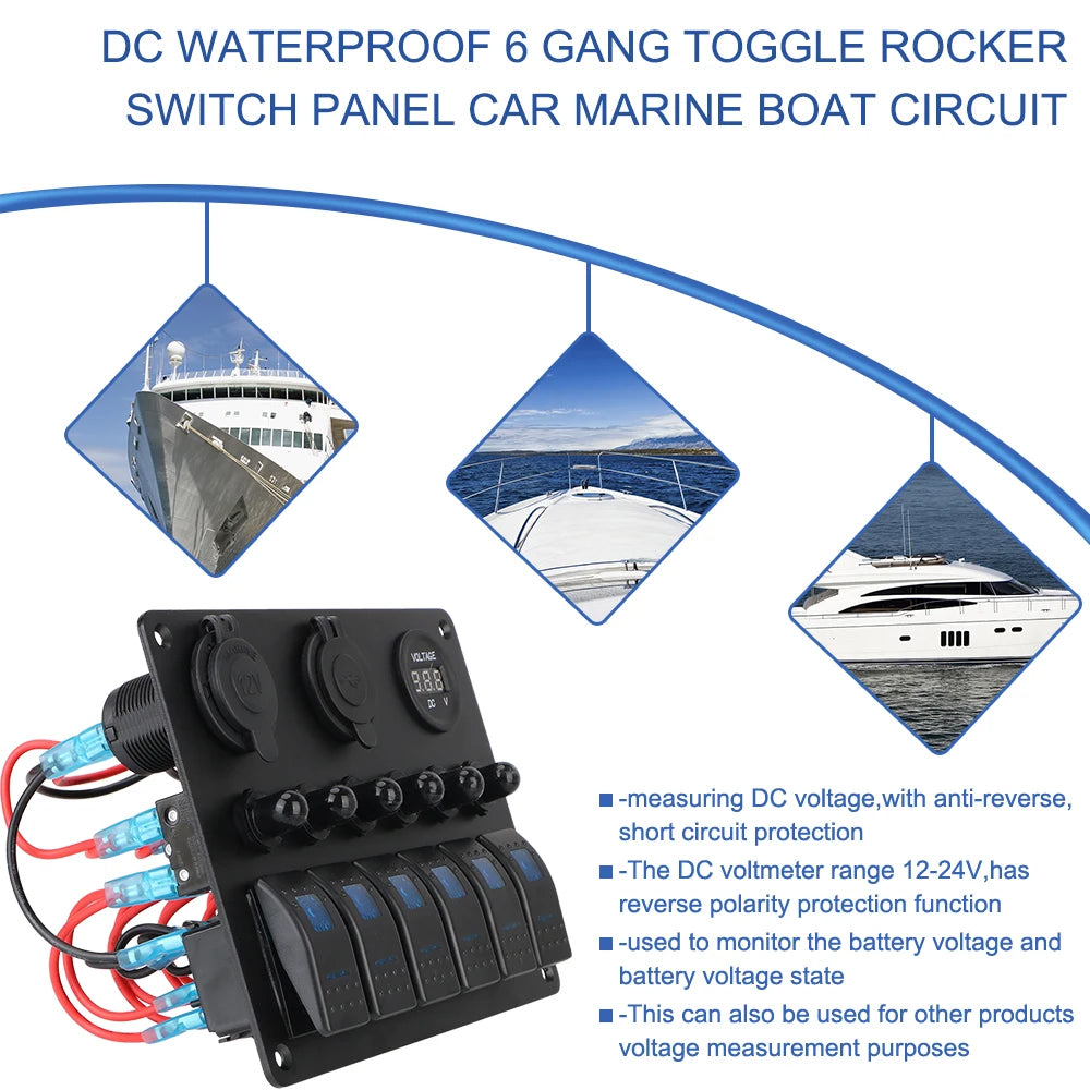 Red 6 Gang Switch Panel USB Charger Circuit Breakers Voltmeter Power Socket