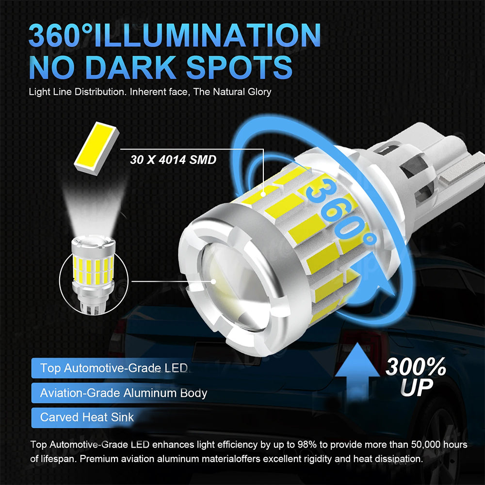 2 x 12V T15 White LED 30x4014smd Globes W16W Canbus Super Bright White LED Bulb