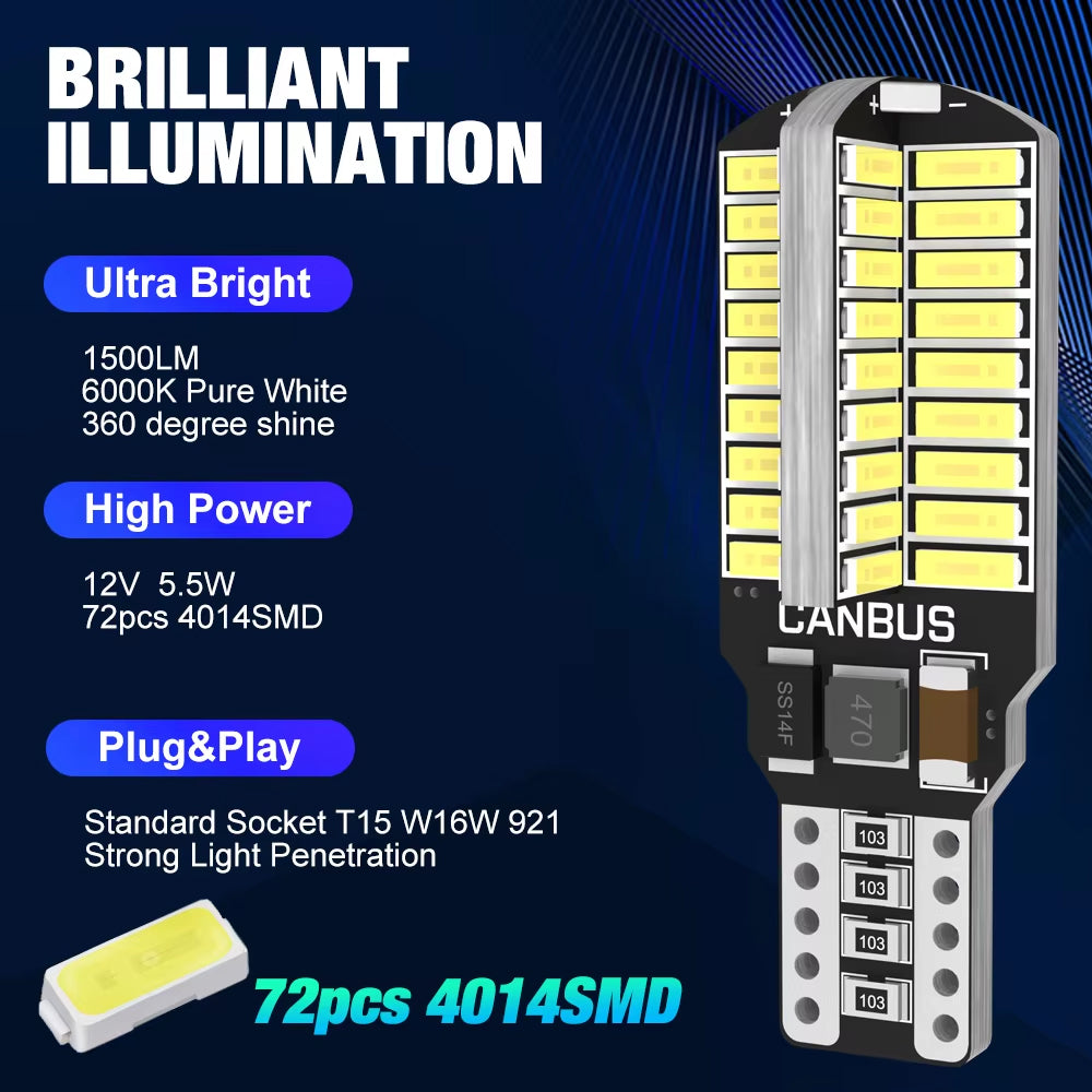 2 x 12v T15 White LED 72x4014smd 12v Canbus LEDs White Super Bright (2pcs)