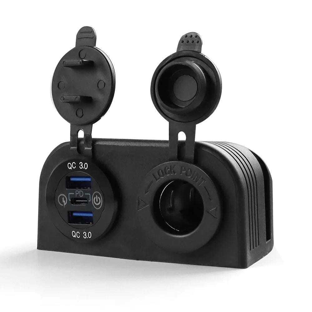 Tent Type Panel PD USB C & QC3.0 USB Charger & Switch + Cigarette Lighter Socket