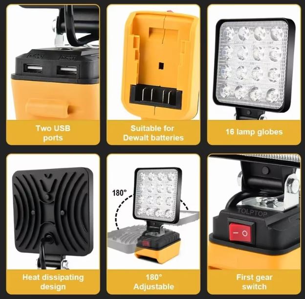 Dewalt 18v Battery spot light with twin USB outlets for charging phone 1pc