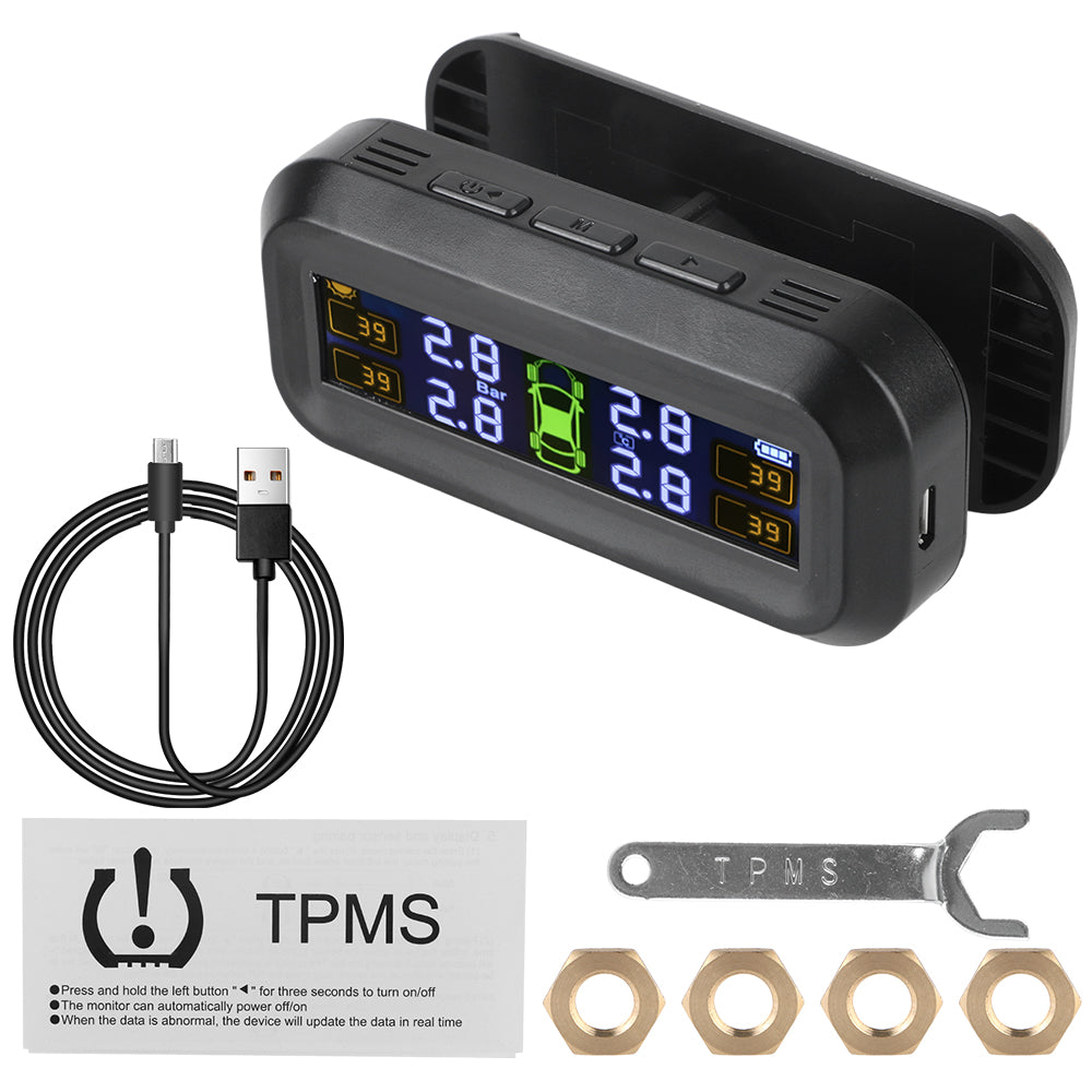 Tyre Pressure Monitoring System Car Tyre Alarm With 4 External Sensors USB Solar