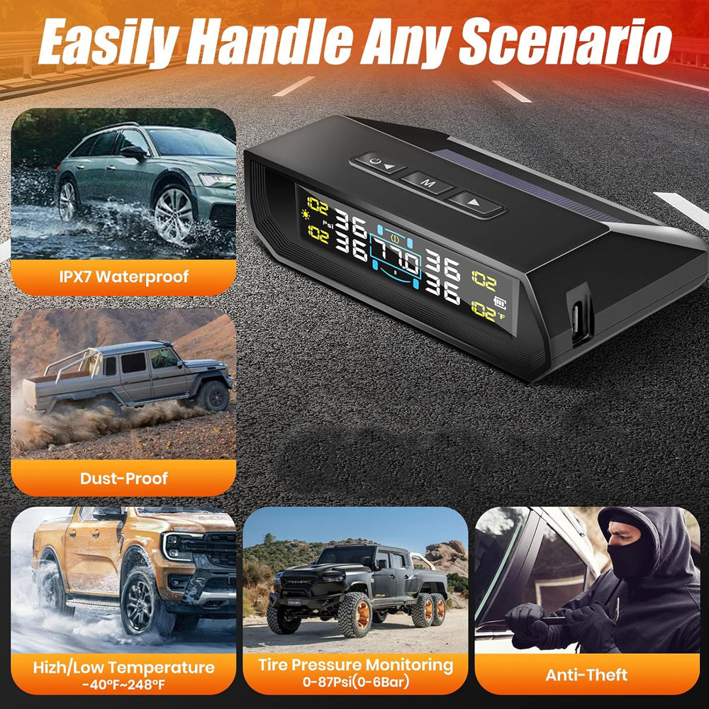 Tyre Pressure Monitor System TPMS Solar USB LCD Tire Alarm 4 Internal Sensors