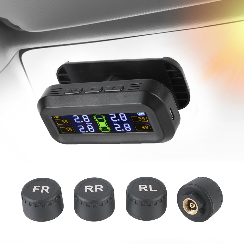 Tyre Pressure Monitoring System Car Tyre Alarm With 4 External Sensors USB Solar