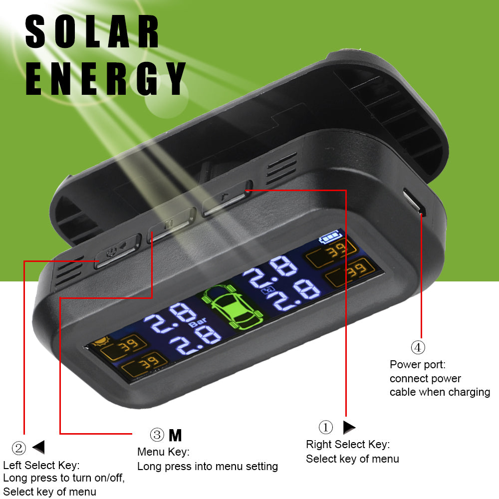 Tyre Pressure Monitoring System Car Tyre Alarm With 4 External Sensors USB Solar