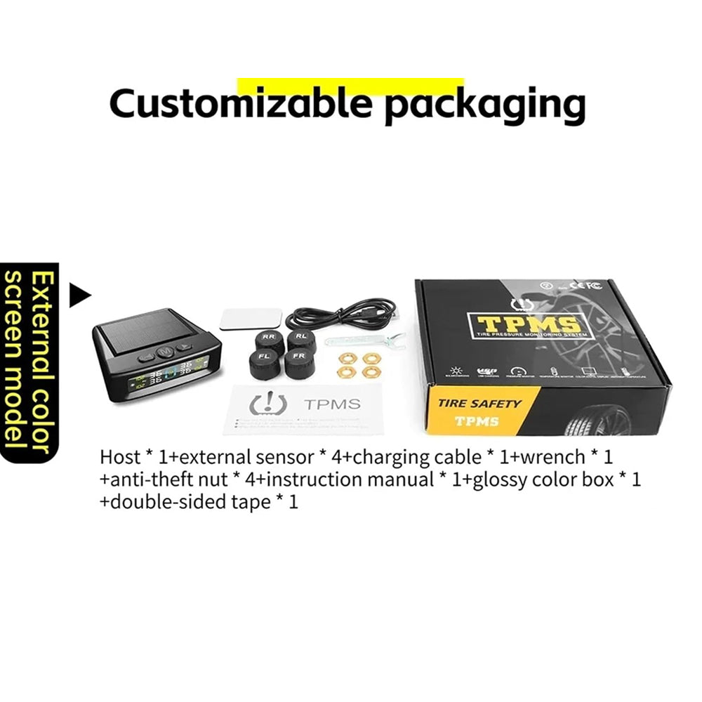 Tyre Pressure Monitor System TPMS Solar USB Car Tire Alarm 4 External Sensors
