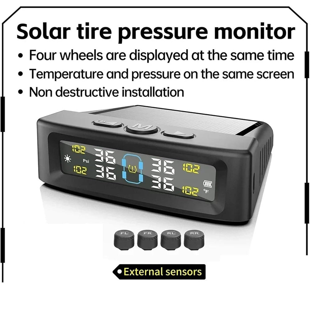 Tyre Pressure Monitor System TPMS Solar USB Car Tire Alarm 4 External Sensors