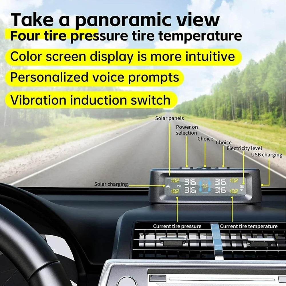 Tyre Pressure Monitor System TPMS Solar USB Car Tire Alarm 4 External Sensors
