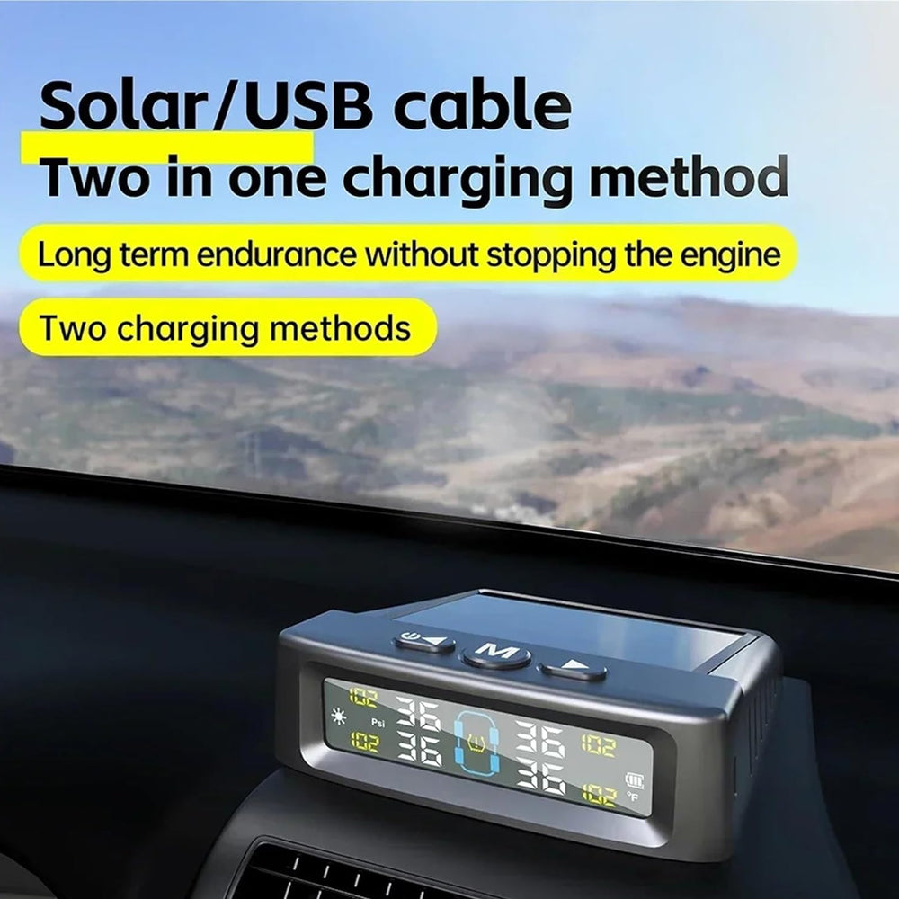 Tyre Pressure Monitor System TPMS Solar USB Car Tire Alarm 4 Internal Sensors