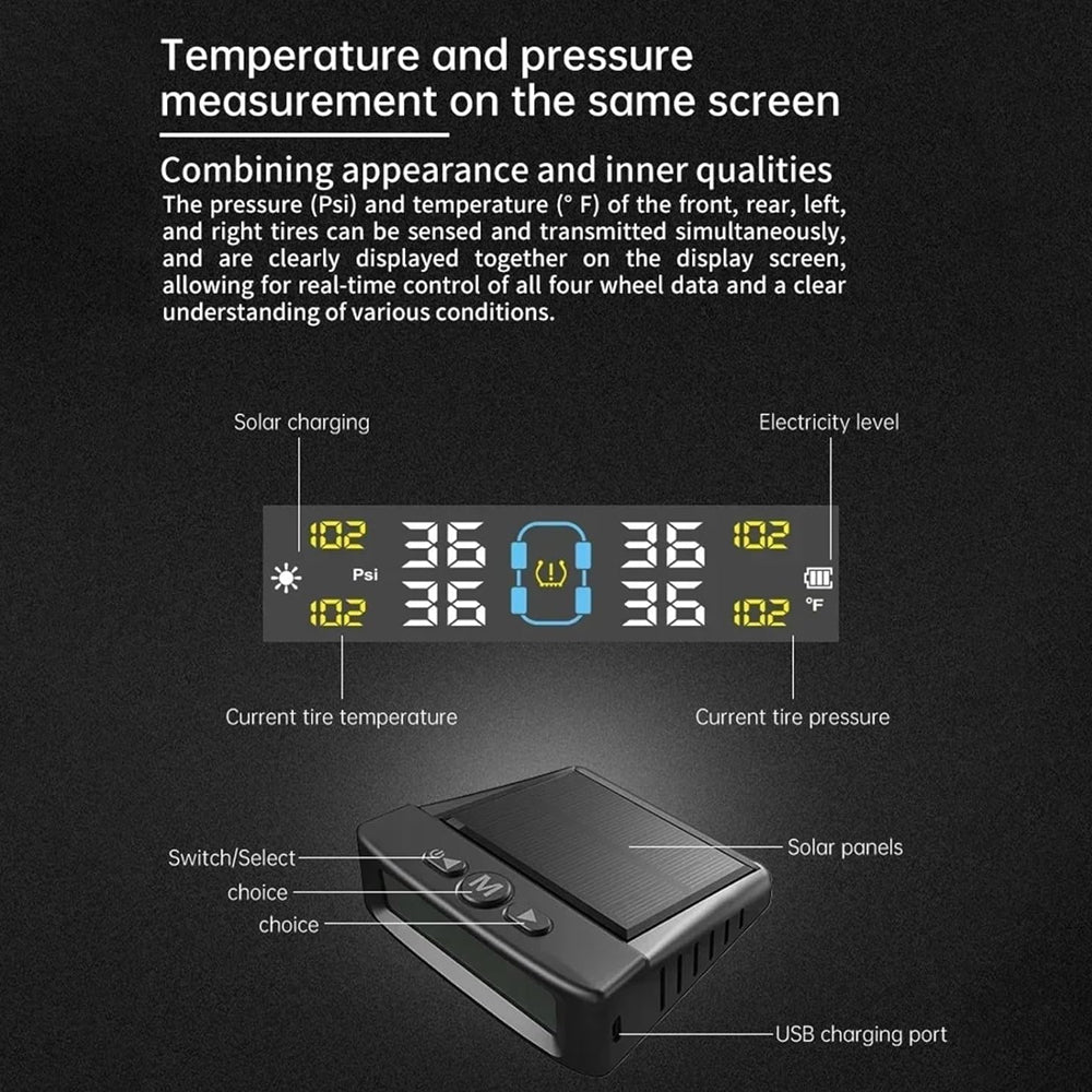 Tyre Pressure Monitor System TPMS Solar USB Car Tire Alarm 4 Internal Sensors