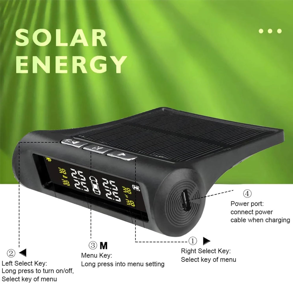 Tyre Pressure Monitor TPMS Solar USB LCD Display 4 Sensors Car Alarm System