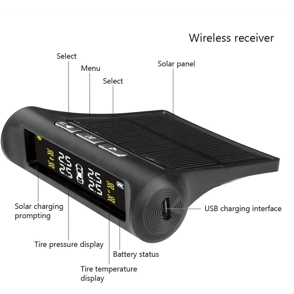 Tyre Pressure Monitor TPMS Solar USB LCD Display 4 Sensors Car Alarm System
