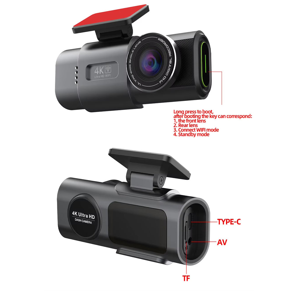 Dash Cam Dual Lens 4K Car Camera Night Vision Recorder WiFi GPS 24H Parking