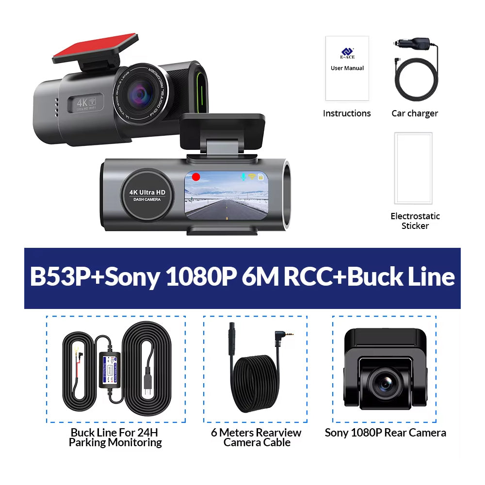 Dash Cam Dual Lens 4K Car Camera Night Vision Recorder WiFi GPS 24H Parking
