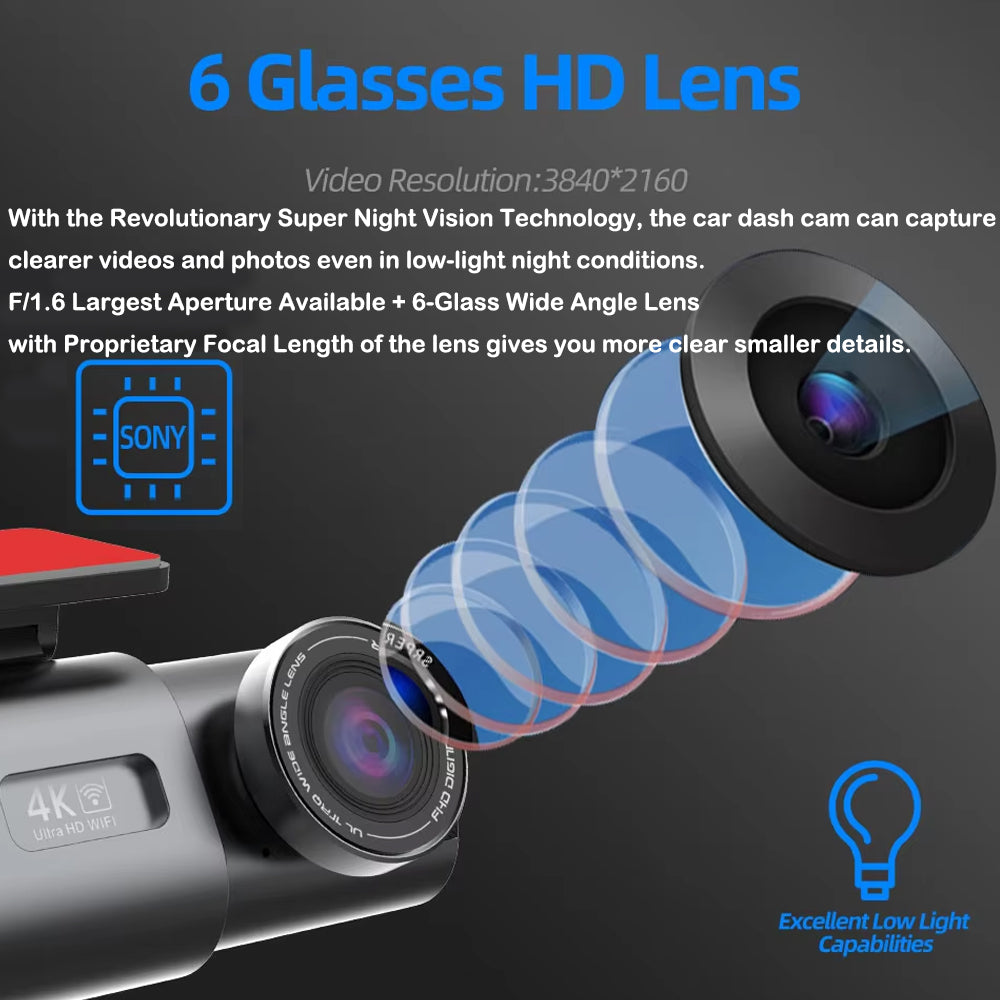 Dash Cam Dual Lens 4K Car Camera Night Vision Recorder WiFi GPS 24H Parking