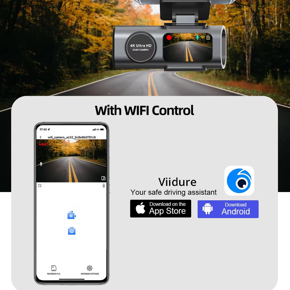Dash Cam Dual Lens 4K Car Camera Night Vision Recorder WiFi GPS 24H Parking