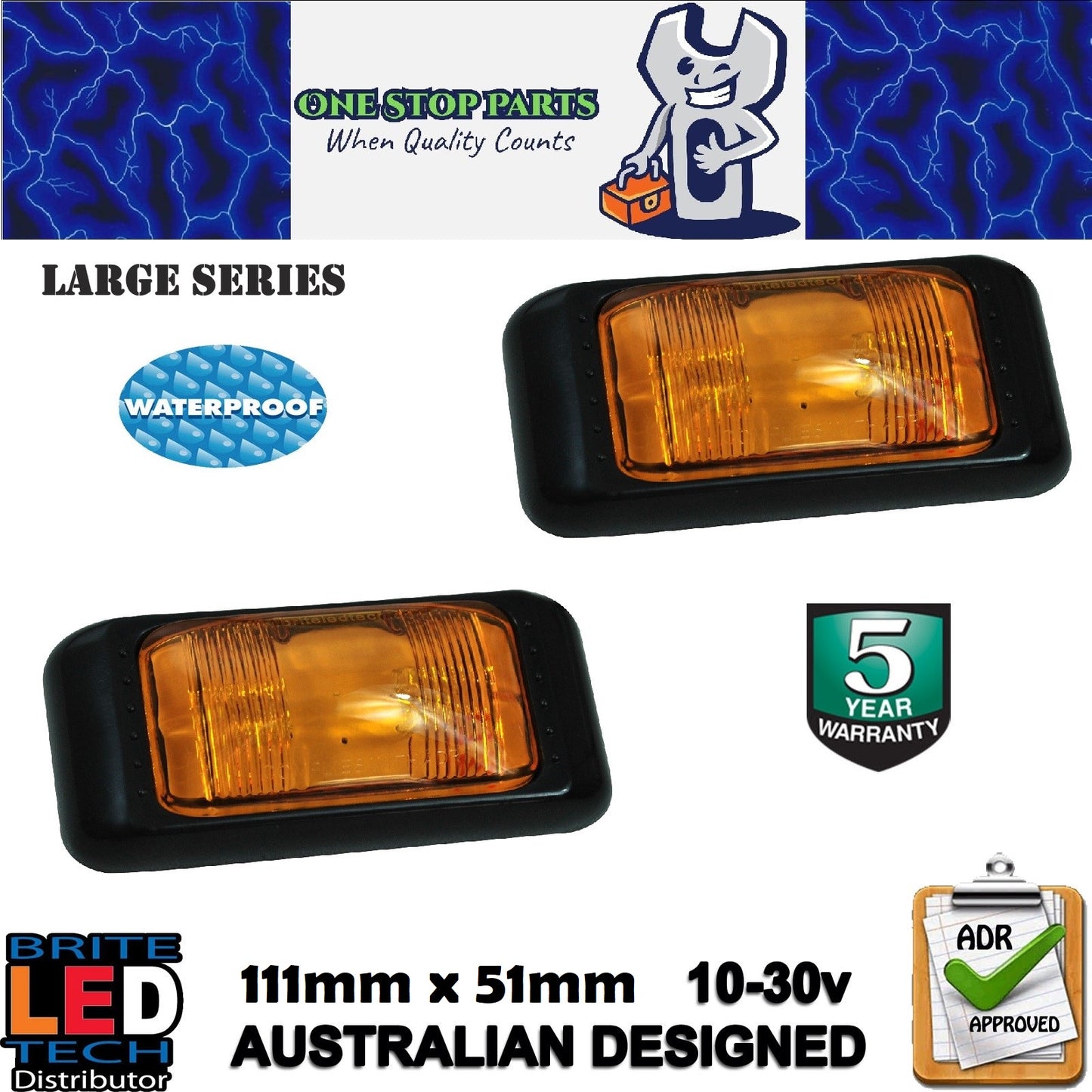 2 LARGE SERIES AMBER LED SIDE MARKER LIGHTS TRAILER TRUCK CARAVAN MULTI VOLT ADR