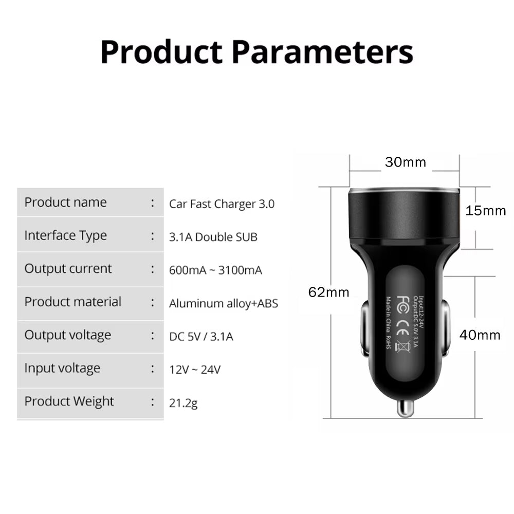 Dual USB Car Charger Cigarette Lighter Adapter Fast 3.1A QC3.0 LED Digital 1pc